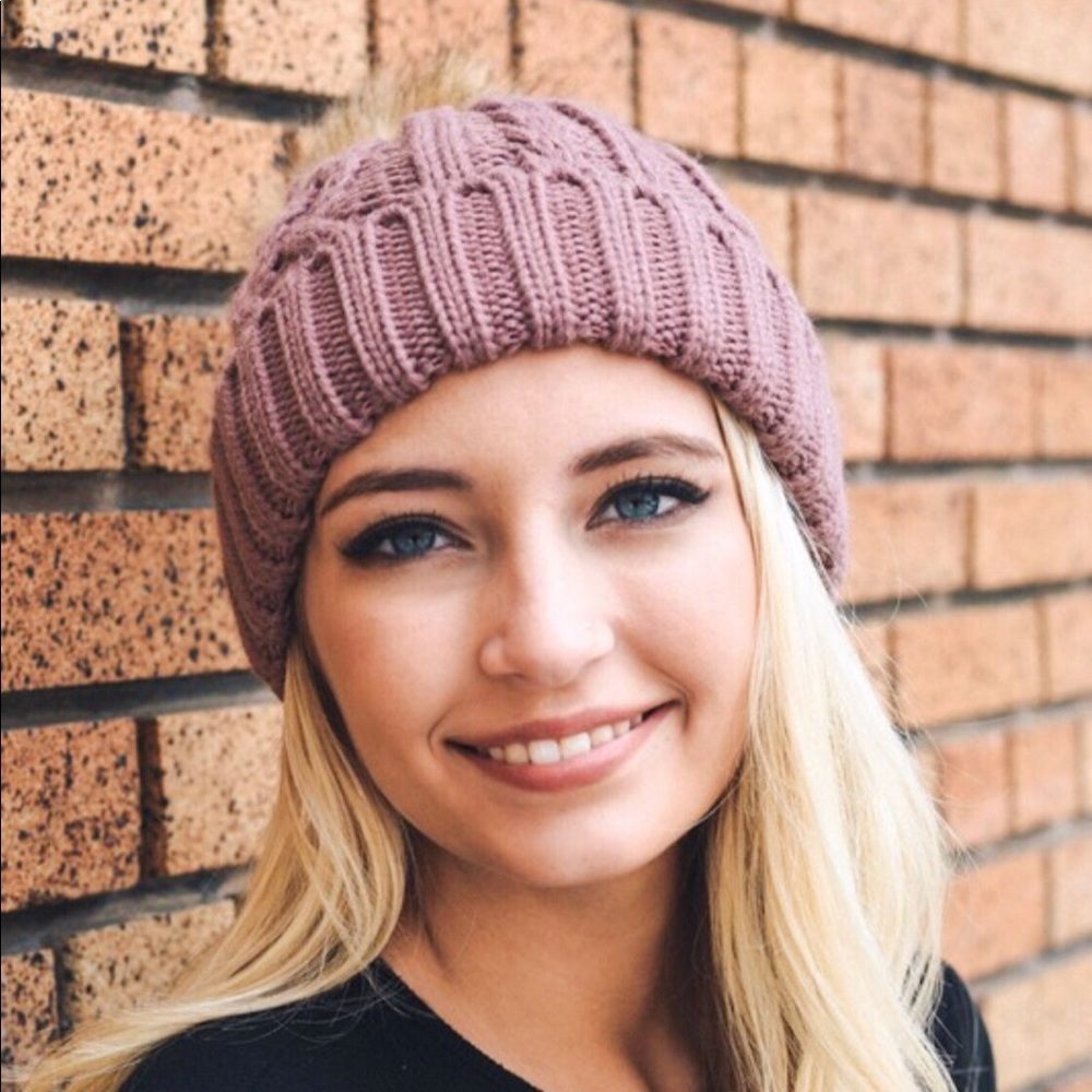 Mauve Pom Pom Vegan Friendly Winter Beanie OS - Picture 3 of 4